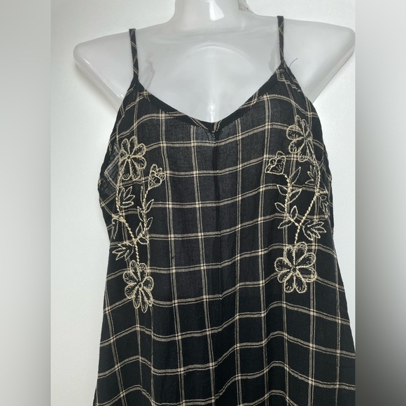 World Market Black Wide leg windowpane Embroidered Jumpsuit pockets Women sz XL - Picture 5 of 9